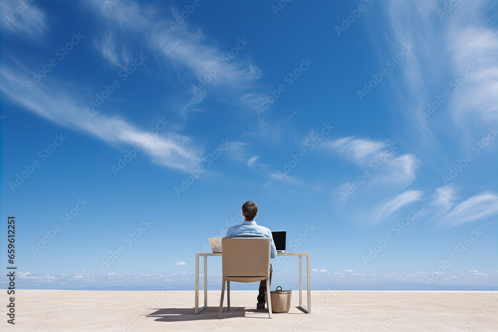 businessman workng outdoor with white cloud and blue sky