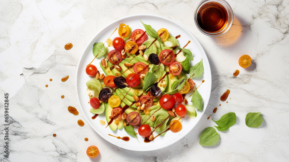 Tasty salad with balsamic vinegar on white marble table, flat lay Tasty salad with balsamic vinegar on white marble table, flat lay