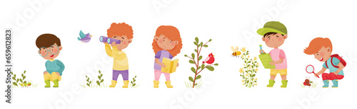 Cute Kids Exploring Nature with Flora and Fauna Vector Set