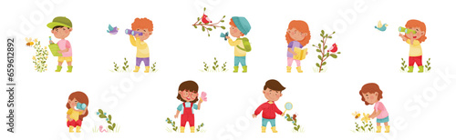 Cute Kids Exploring Nature with Flora and Fauna Vector Set