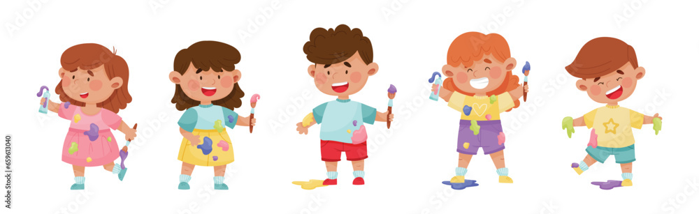 Little Children Smeared in Paints Holding Artist Brush Vector Set Little Children Smeared in Paints Holding Artist Brush Vector Set