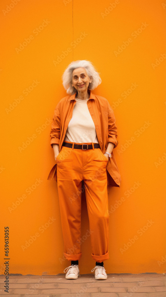 Portrait of happy senior woman posing in orange jacket.