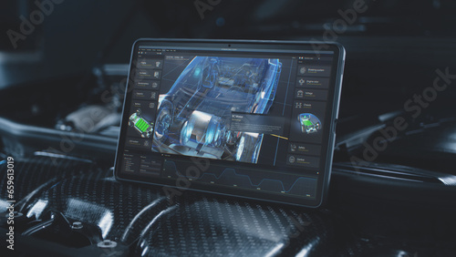 Digital tablet computer screen shows 3D futuristic graphical visualization of car developing professional software with 3D virtual electric vehicle model. Concept of modern car diagnostics technology.