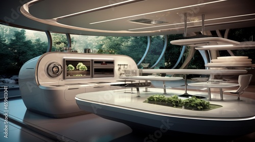 Futuristic kitchen with smart technology.