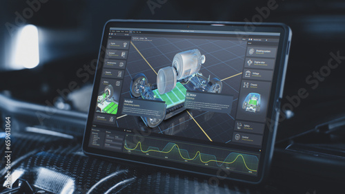 Digital tablet computer screen shows 3D render of professional software user interface for eco-friendly car developing. Program for car diagnostic or testing with 3D virtual electric vehicle model.