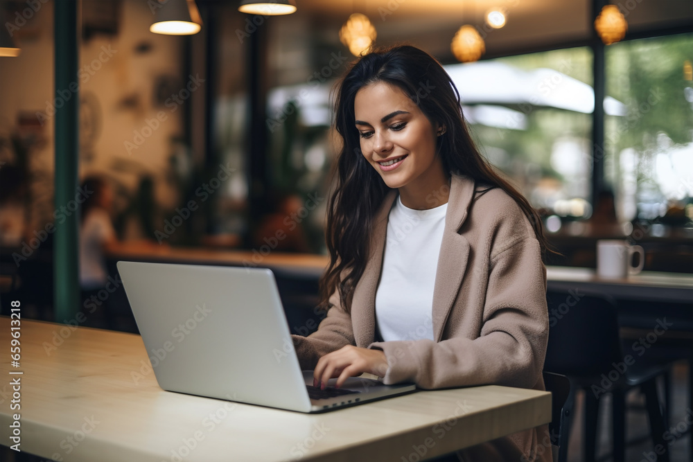 Beautiful young woman sitting in a cafe and working on a laptop. ia generated Beautiful young woman sitting in a cafe and working on a laptop. ia generated