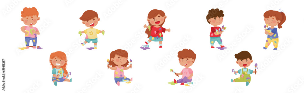 Little Children Smeared in Paints Holding Artist Brush Vector Set Little Children Smeared in Paints Holding Artist Brush Vector Set