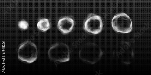 Circle shape smoke puff cloud to animate vector. Hookah steam motion frame graphic effect. Realistic transparent exhaust mist round keyframe storyboard set. Cigarette fog power disappear spritesheet