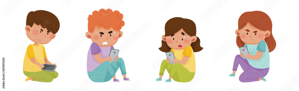 Angry and Frustrated Kids with Mobile Phones Vector Set Angry and Frustrated Kids with Mobile Phones Vector Set