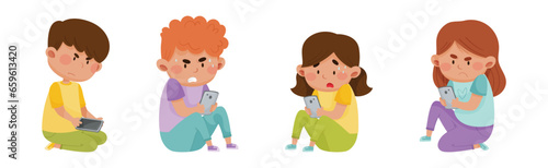 Angry and Frustrated Kids with Mobile Phones Vector Set