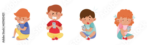 Angry and Frustrated Kids with Mobile Phones Vector Set