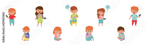 Angry and Frustrated Kids with Mobile Phones Vector Set