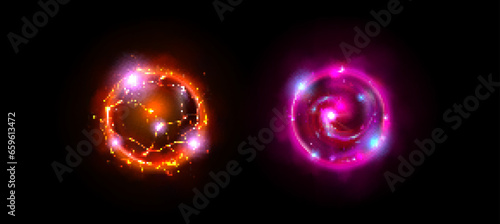 Magic energy power orb ball game with light glow effect icon. Fantasy circle portal with electric lightning element. Luminous neon thunder swirl. 3d shiny fortune sphere color set. Radial plasma asset