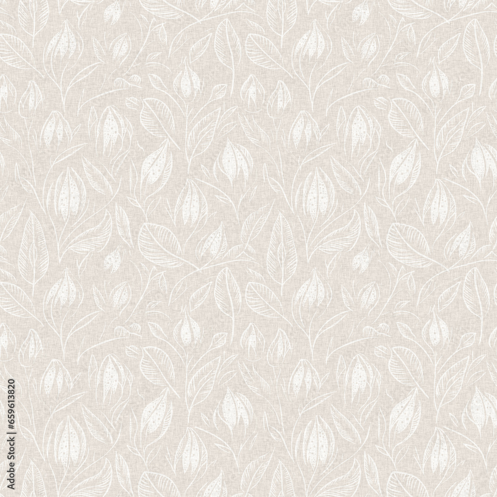 Subtle rustic elegance wedding floral block print linen seamless pattern. All over print of white on white tonal cotton effect flower background.
