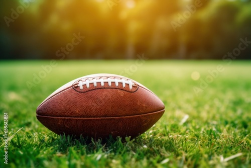 American football ball on green grass, close-up. Rugby brown leather ball on football field, blurred stadium background. College sport banner, generated by AI