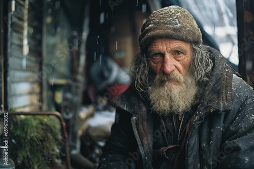 Homeless poor man living in a cold day portrait closeup. 