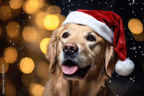 Portrait of a Labrador dog wearing a Santa Claus hat on a blurred background with snowflakes and lights.