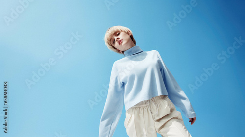 Young blonde gen z teenage girl woman in casual clothes posing on blue background. © Synthetica