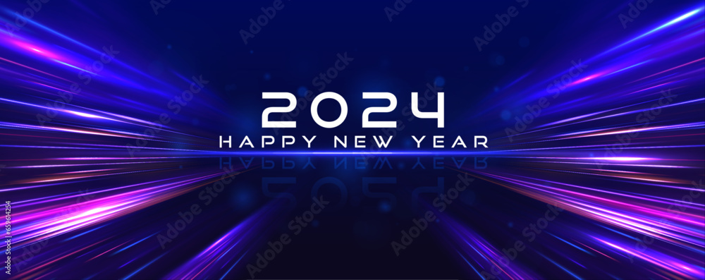 Happy new year 2024 design. Panoramic high speed technology concept, light abstract background. Image of speed motion on the road. Premium vector design for poster, banner.  - obrazy, fototapety, plakaty 
