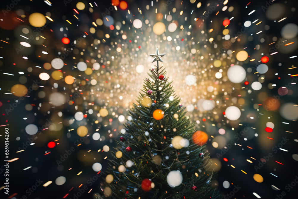 A Christmas tree standing in the middle of a beautiful Christmas background with bright lights, snowflakes and bokeh effect.
