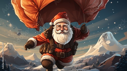 A man with a white beard, Santa Claus descends with a parachute from a red bag. Festive character symbol of Christmas and New Year. Good-natured active old man. Concept: it's time for the holidays