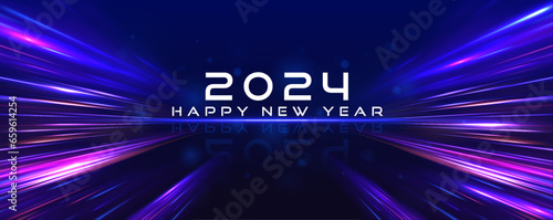 Happy new year 2024 design. Panoramic high speed technology concept, light abstract background. Image of speed motion on the road. Premium vector design for poster, banner. 