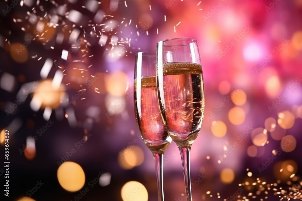 New year's eve celebration background with champagne. Pink bokeh. Generative AI New year's eve celebration background with champagne. Pink bokeh. Generative AI