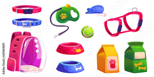 Dog food, animal toy and cat bowl for pet shop interior. Plate to feed puppy, carrier element, ball and mouse trade in petshop supermarket isolated icon set. Retail business illustration design