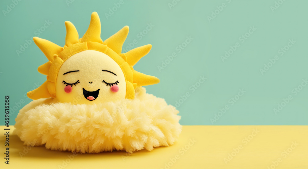 Smiling sun yellow soft toy, empty space horizontal kids banner. Blank podium, pedestal for children's product. Cute toy face background. Kids backdrop, generated by AI - obrazy, fototapety, plakaty 