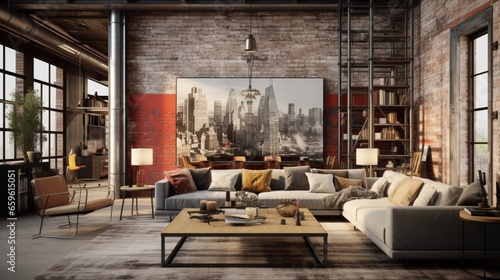 Immerse yourself in the fusion of vintage and industrial elements in a loft living area, a unique blend of styles.