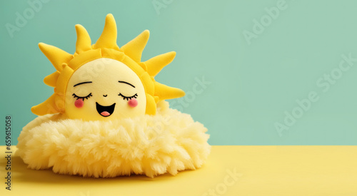 Smiling sun yellow soft toy, empty space horizontal kids banner. Blank podium, pedestal for children's product. Cute toy face background. Kids backdrop, generated by AI