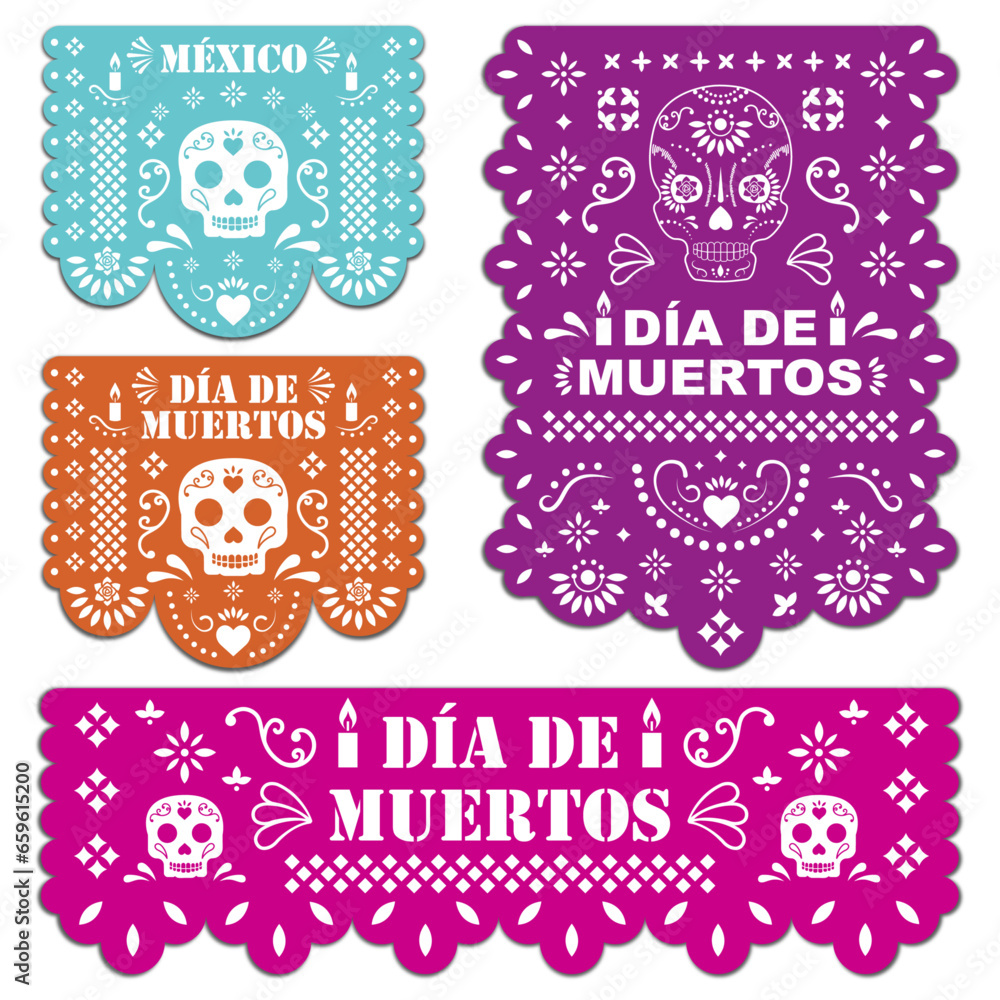 Papel picado del día de muertos en diferentes tamaños, con cráneos y ornamentos mexicanos
