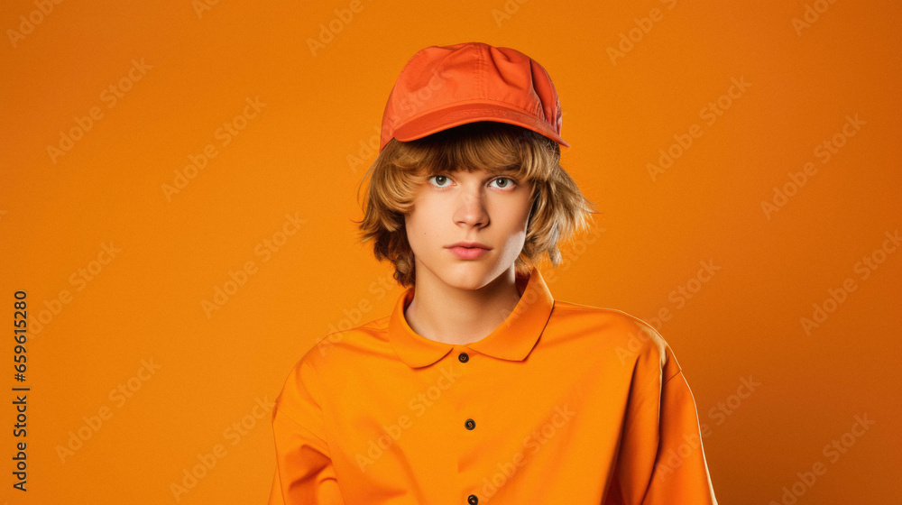 Portrait of a boy in orange hat cap posing isolated over orange background. Portrait of a boy in orange hat cap posing isolated over orange background.