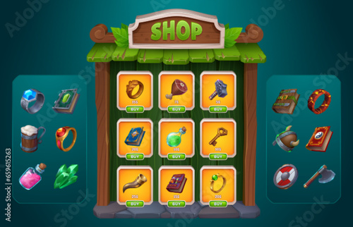 Medieval game shop design for user interface. Vector cartoon illustration of wooden frame with ancient jewelry, magic books, viking helmet and axe, ham, precious rings, elixir bottles on shelves