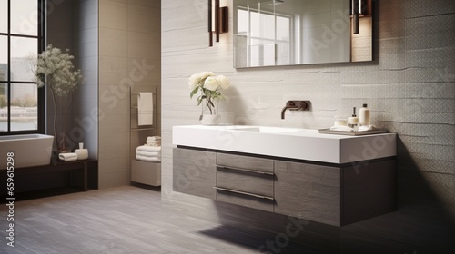 In a contemporary bathroom  a floating vanity and textured tile accents add a modern touch to your daily routine.