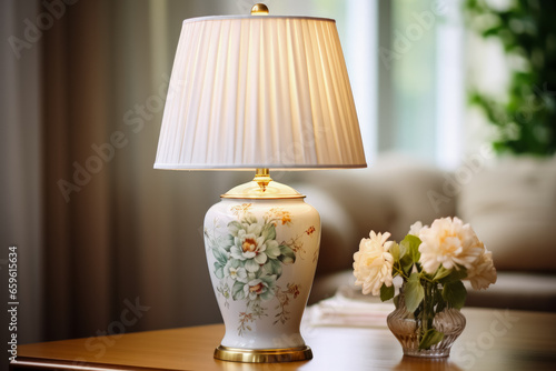 Classic porcelain table lamp on a vintage dresser background with empty space for text 