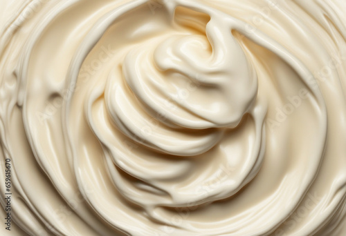 White cream background. Creamy swirl texture, top view, close-up. Mayonnaise surface, macro view. Cosmetology cream pattern. Wavy liquid yogurt backdrop, generated by AI