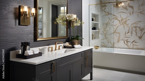 Indulge in a designer bathroom with a mix of metallic accents and textured wallpaper  creating a space that s as stylish as it is functional.