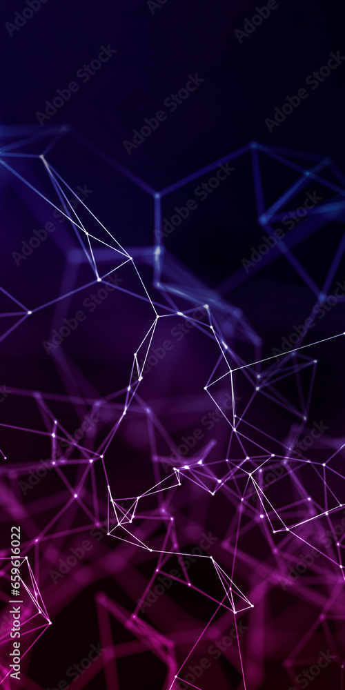 Concept for tech and business. Abstract geometric plexus with triangular cells connecting dots background in blue and purple.