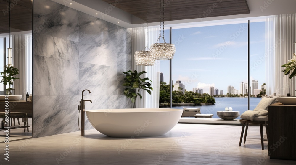 Indulge in luxury in a marble bathroom with a freestanding modern bathtub, a spa-like sanctuary. Indulge in luxury in a marble bathroom with a freestanding modern bathtub, a spa-like sanctuary.