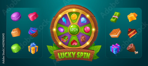 Spin game user interface design element. Wooden lucky wheel or casino fortune roulette decorated with lights with collection of prizes icons. Cartoon vector illustration of gui for rotational gambling