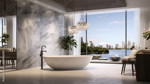 Indulge in luxury in a marble bathroom with a freestanding modern bathtub, a spa-like sanctuary. © ZUBI CREATIONS