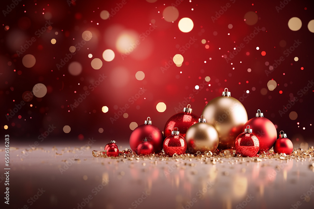 Background with red and gold Christmas baubles in a Christmas atmosphere Background with red and gold Christmas baubles in a Christmas atmosphere