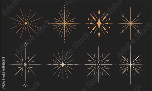 Set of Sparkling stars, magical shine. Fairy tale magic simple hand drawn illustration, icon. Starlight effect, vector.
