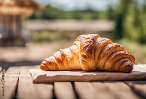 One big french croissant on a wooden table top, close-up. Bakery food banner, generated by AI