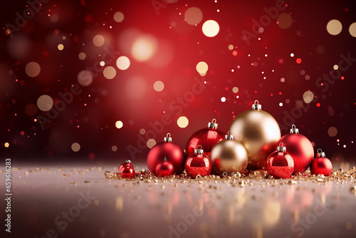 Background with red and gold Christmas baubles in a Christmas atmosphere