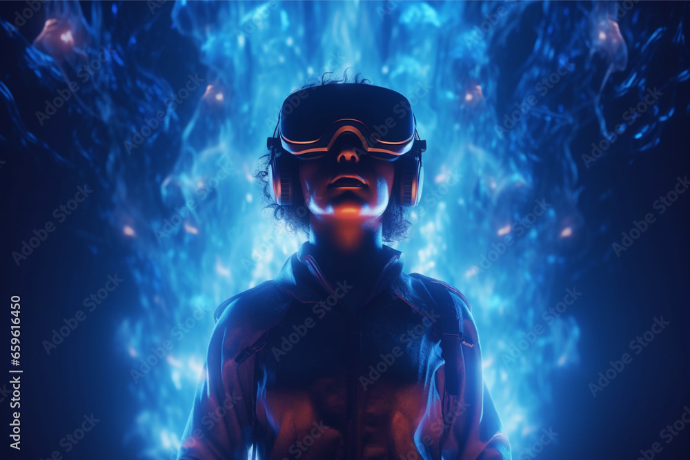Person wearing virtual reality goggles. Future metaverse technology concept. Person wearing virtual reality goggles. Future metaverse technology concept.