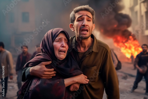 people victims of bombings, war and desolation, hugging family, children