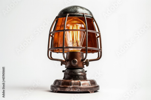 Industrial metal table lamp illuminating brightly isolated on a white background 