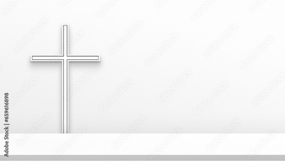 Empty white table top in front, catholic cross on wall background. Easter horizontal banner. Religion pedestal, podium in church. Holy spirit backdrop, generated by AI